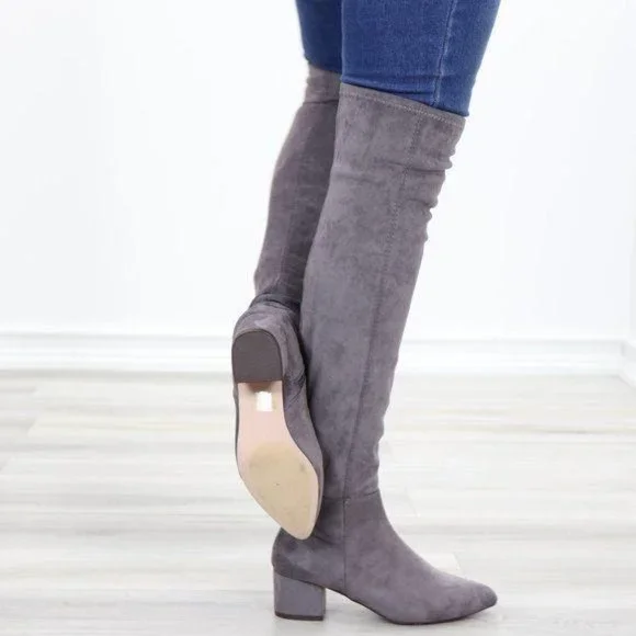 Pointy Toe Over The Knee Gray Boots Faux Suede - Picture 4 of 12